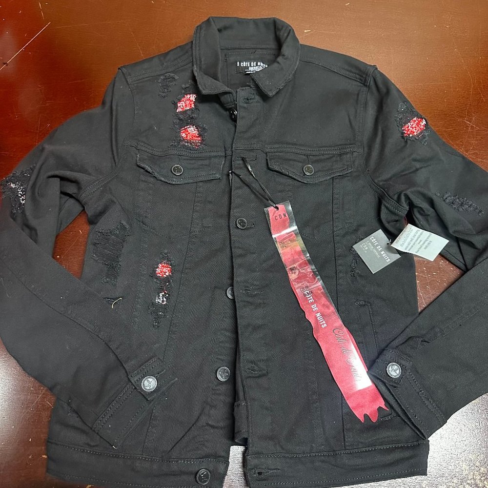 Cote De Nuits Mens Black Distressed Long Sleeve Collared Biker Jacket Size Large